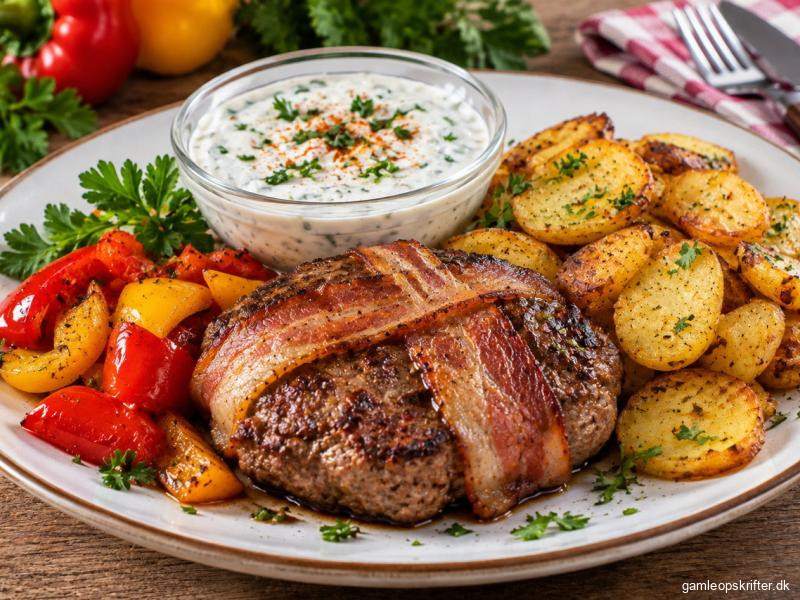 Baconbøf med kold kryddersauce, ristede kartofler og stegte peberfrugter