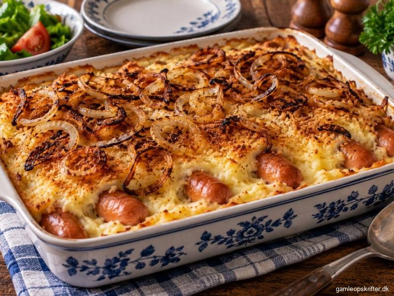 Bagte pølser i kartoffelmos
