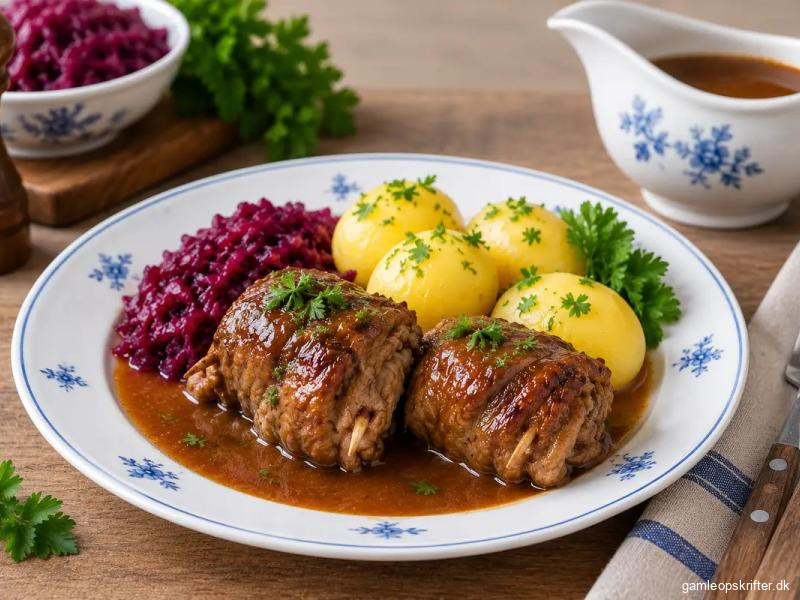 Benløse fugle med brun sovs, kogte kartofler og rødkål