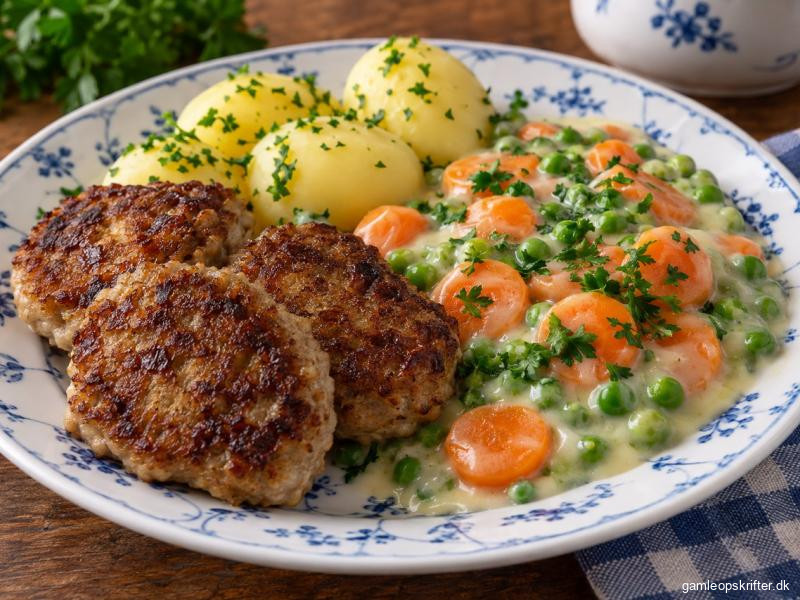 frikadeller med stuvede ærter og gulerødder samt kogte kartofler.