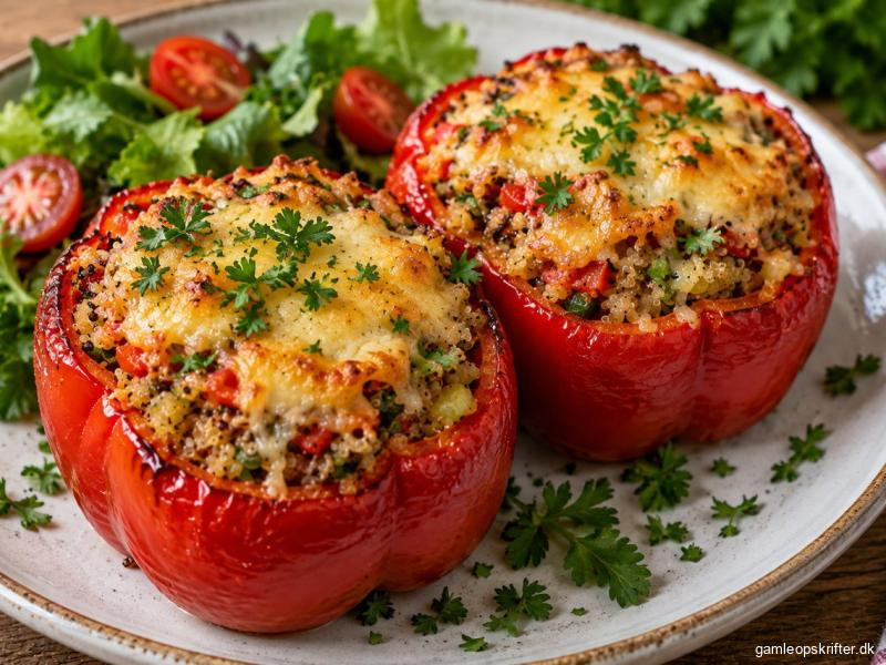 Fyldte røde peberfrugter med quinoa, hvidløg, forårsløg, persille og revet ost.