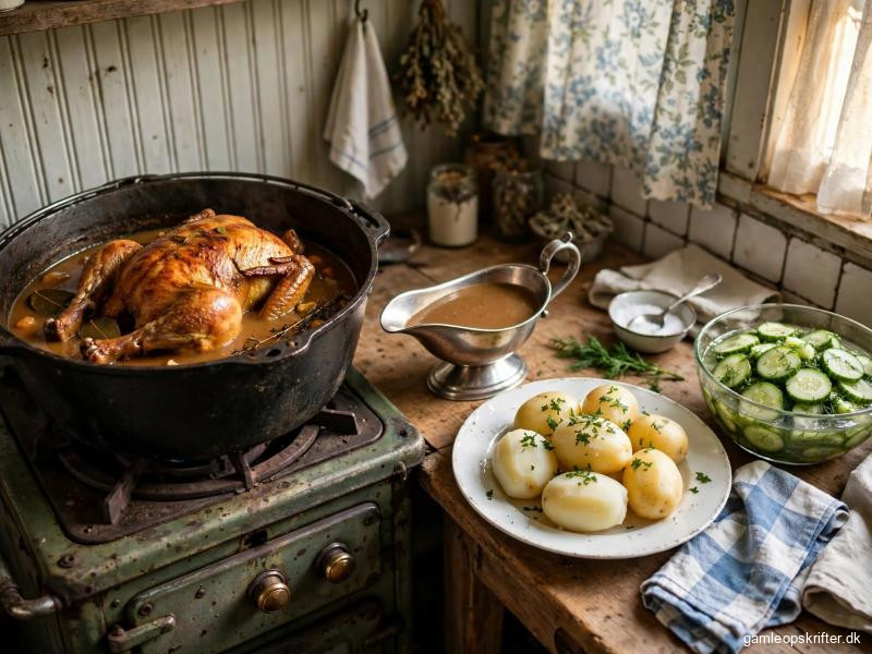 Gammeldags grydestegt hel kylling med brun sovs i støbejernsgryde, hvide kartofler på gammeldags tallerken, agurkesalat i glasskål, dansk landkøkken