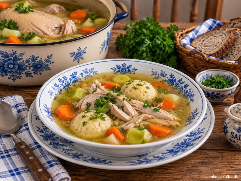 Gammeldags hønsekødssuppe med hønsekød, grøntsager og melboller