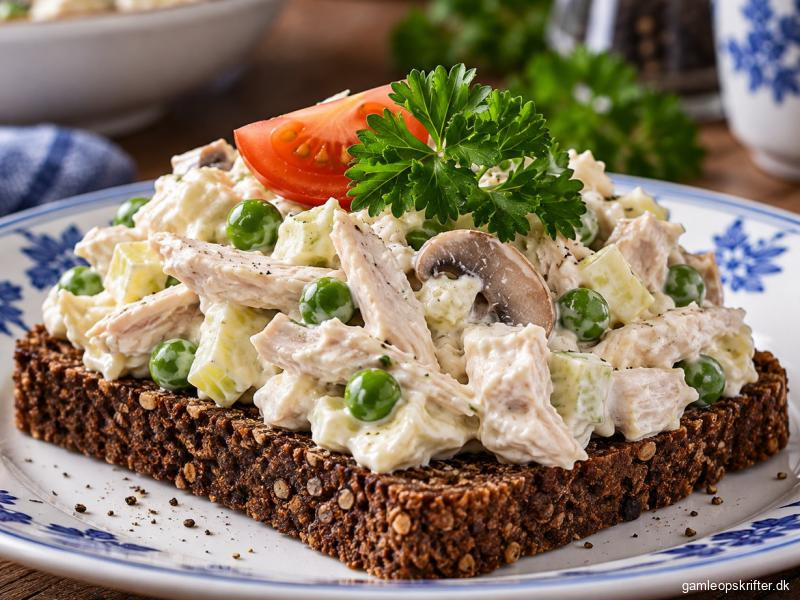 Klassisk dansk hønsesalat anrettet på rugbrød