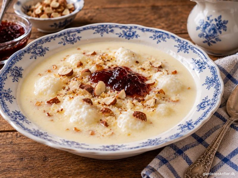 Gammeldags dansk kærnemælkssuppe med hakkede mandler og syltetøj