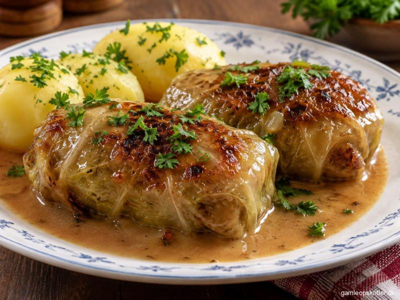 Gammeldags kåldolmere med sauce, kogte kartofler og hvidkål