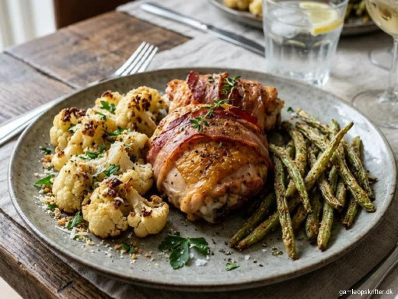 Kylling med bacon bagt blomkål og bønnefritter
