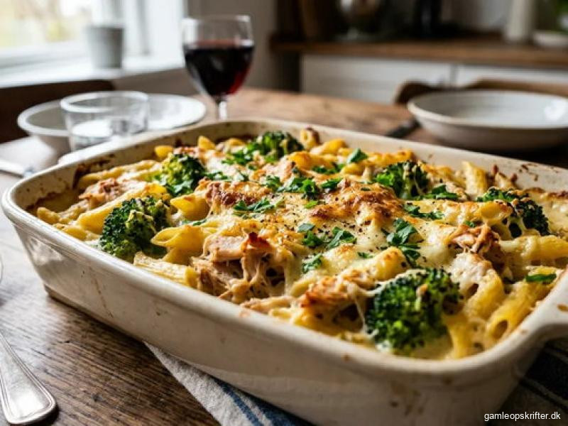 Pasta i fad med kylling og broccoli