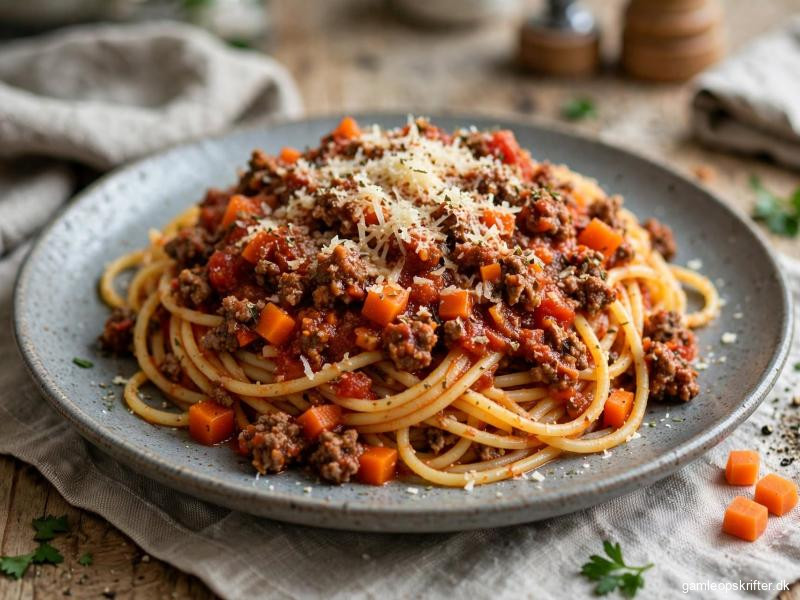 hjemmelavet pasta kødsovs med spaghetti og parmesan