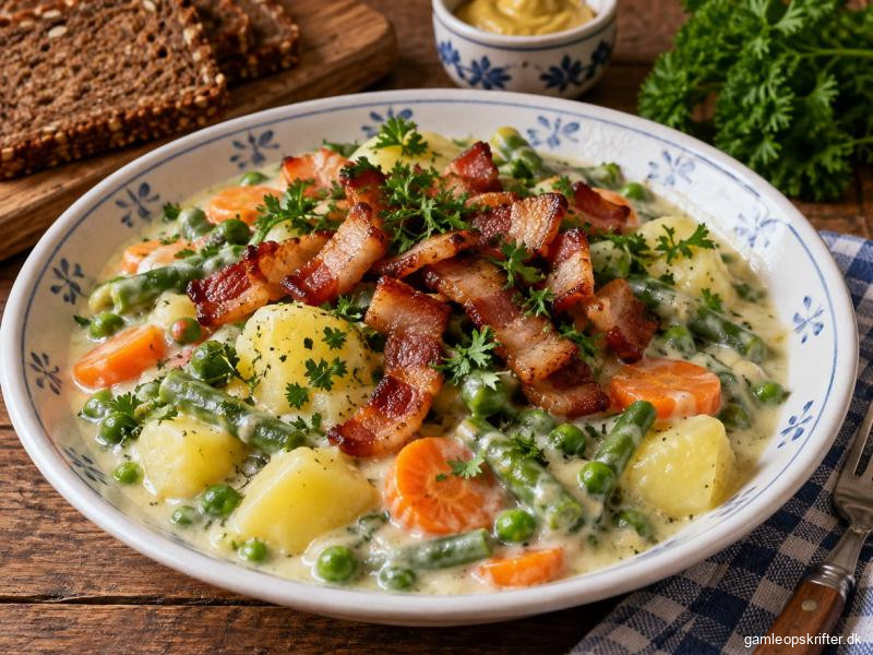 Gammeldags dansk ruskomsnusk med kartofler, gulerødder, ærter, grønne bønner og sprødt flæsk.