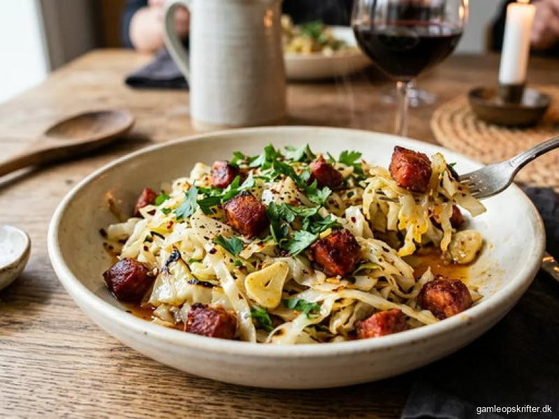Varm hvidkålssalat med chorizo og hvidløg
