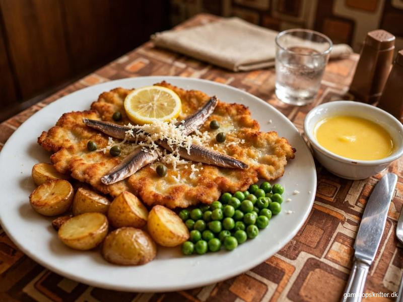 Gammeldags wienerschnitzel på hvid tallerken med citron, kapers, ansjos og peberrod, brasede kartofler, grønne ærter, smørsauce, dansk frokostrestaurant 1970'erne